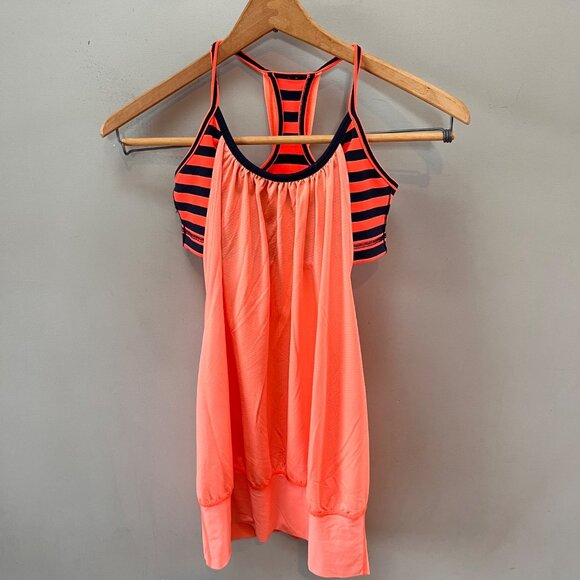 Lululemon Coral & Navy Striped Racerback Tank Top With Built-In Bra Size 4 - Picture 1 of 6